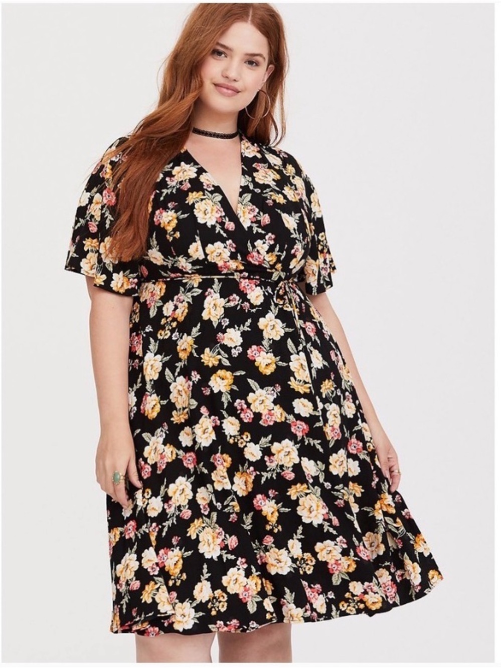 torrid Black Floral Wrap Midi Dress with Yellow and Pink Blooms woman plus size